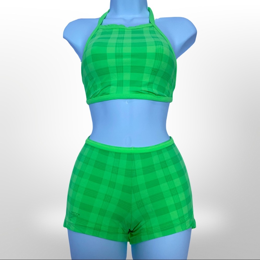 Speedo Vintage Neon Lime Triangle Halter Crop Top & Boy-short Bikini 90s Y2K